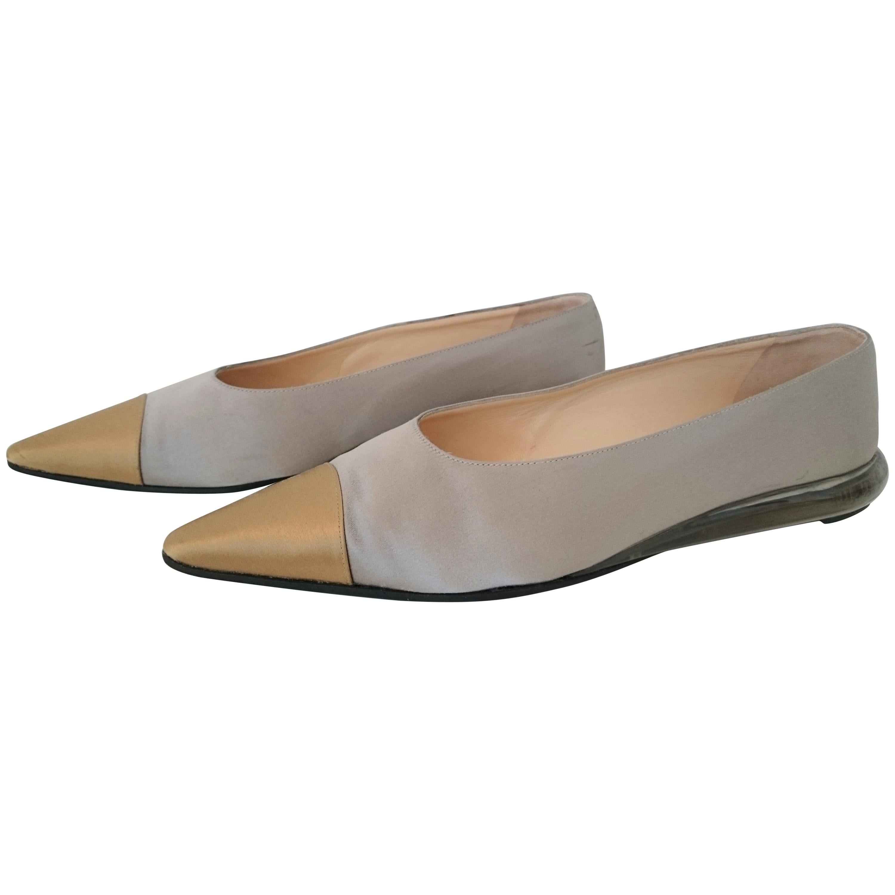 Chanel Gray and Gold pointed ballet flats with transparent heels. Size 40 1/2 For Sale
