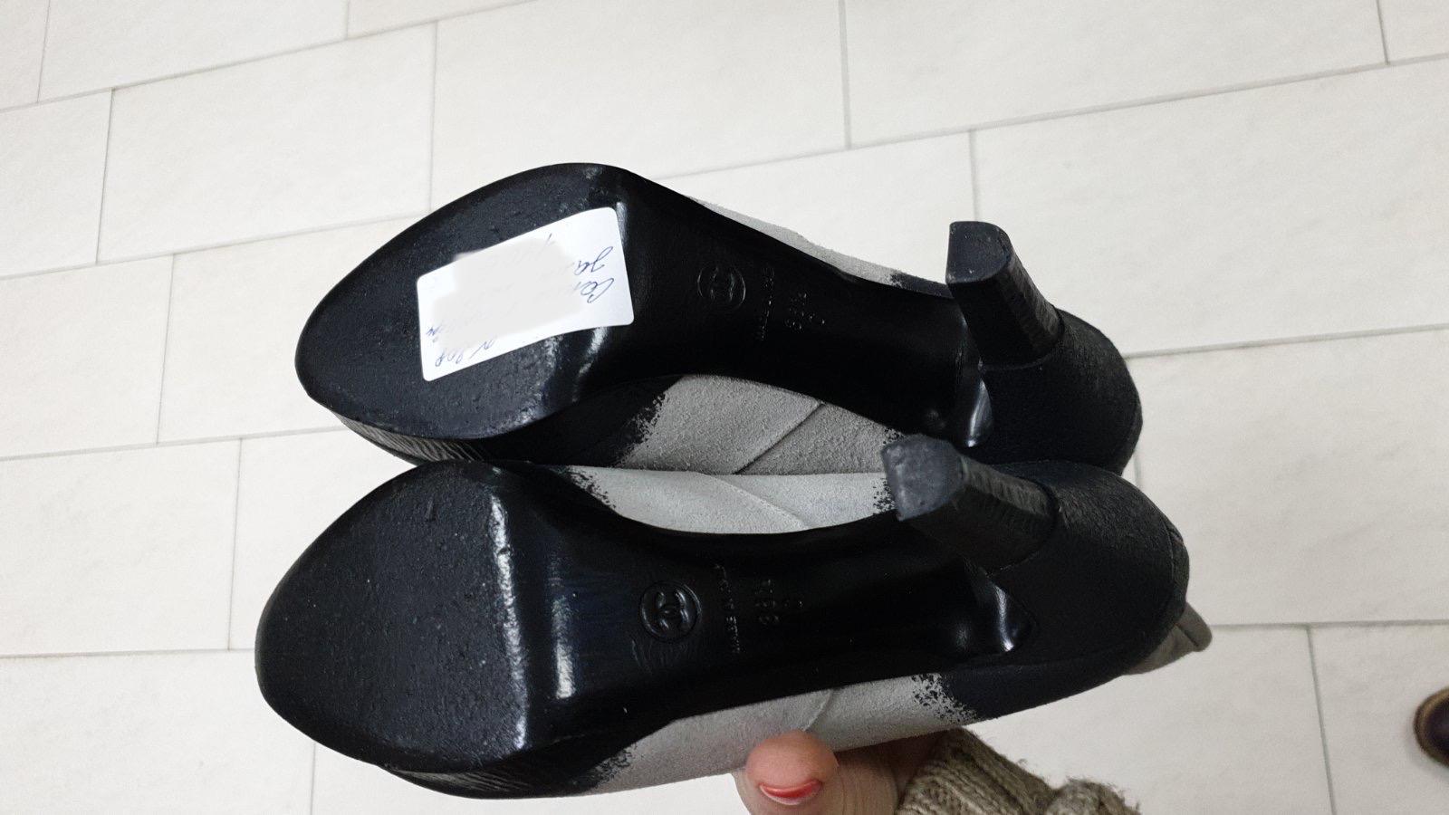 CHANEL Gray/Black Distressed Suede Platform Heel Calf High Tall Boots CC Logo  2