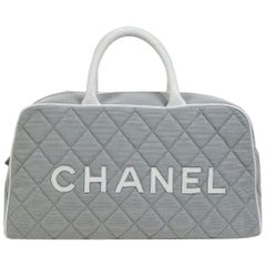 Chanel Gray Canvas Leather Top Handle Tote Travel Carryall Bowling Bag in Box