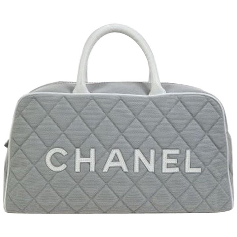 Chanel Gray Canvas Leather Top Handle Tote Travel Carryall Bowling Bag in  Box