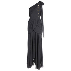 Chanel Gray Chiffon Grecian Style Single Shoulder 2-Piece Dress Gown