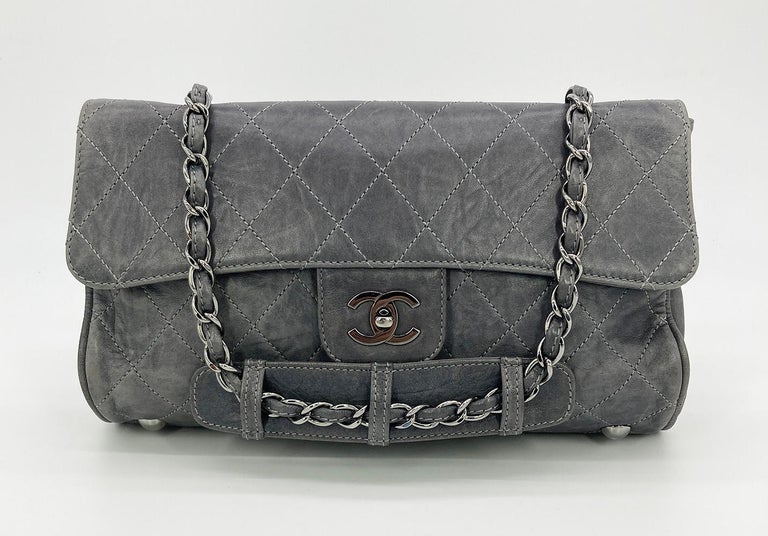 Chanel Gray Distressed Leather Quilted Classic Flap For Sale at