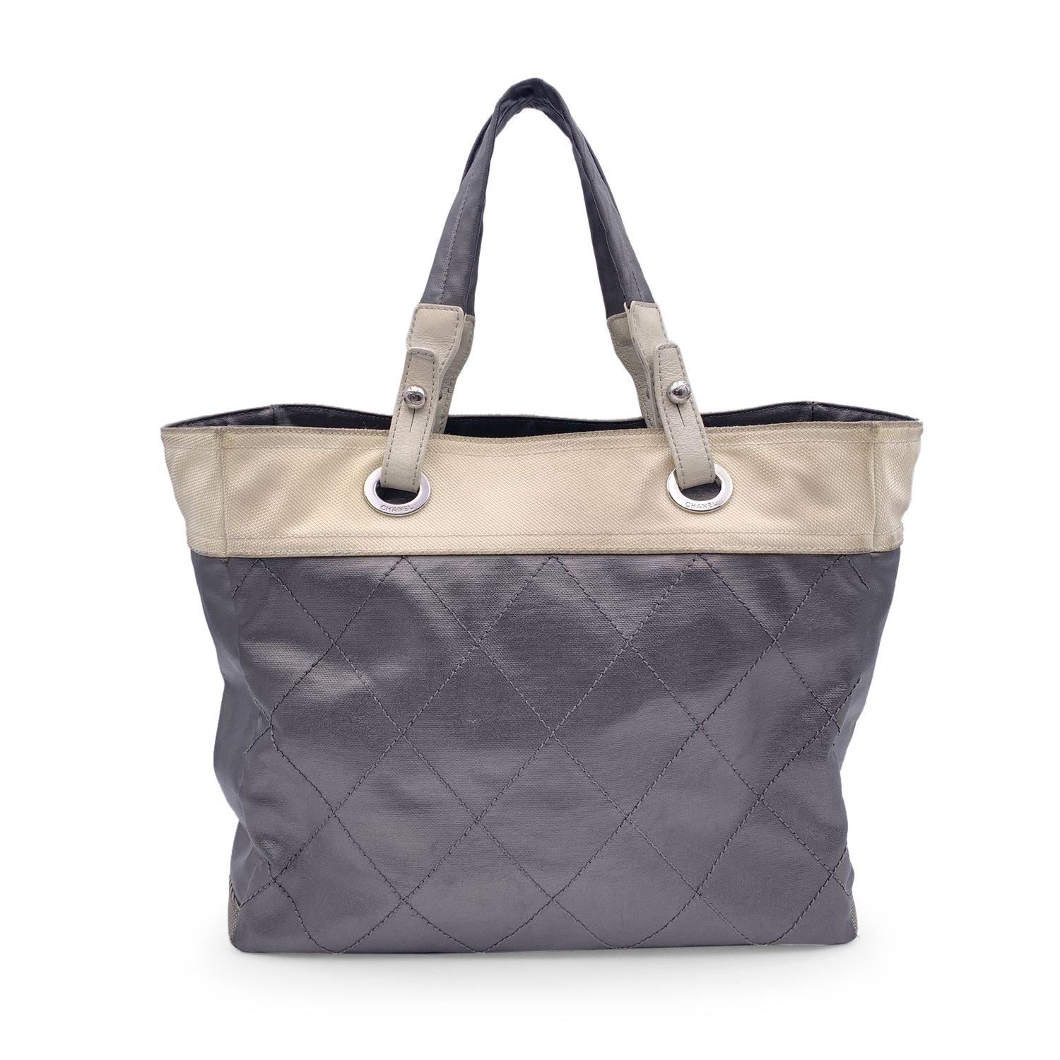 Chanel Gray Metallic Quilted Canvas Paris Biarritz Tote Bag In Good Condition For Sale In Rome, Rome