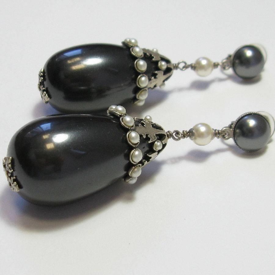 CHANEL Gray Pearl Clip-on Earrings with Silver Metal set with White Pearls 1