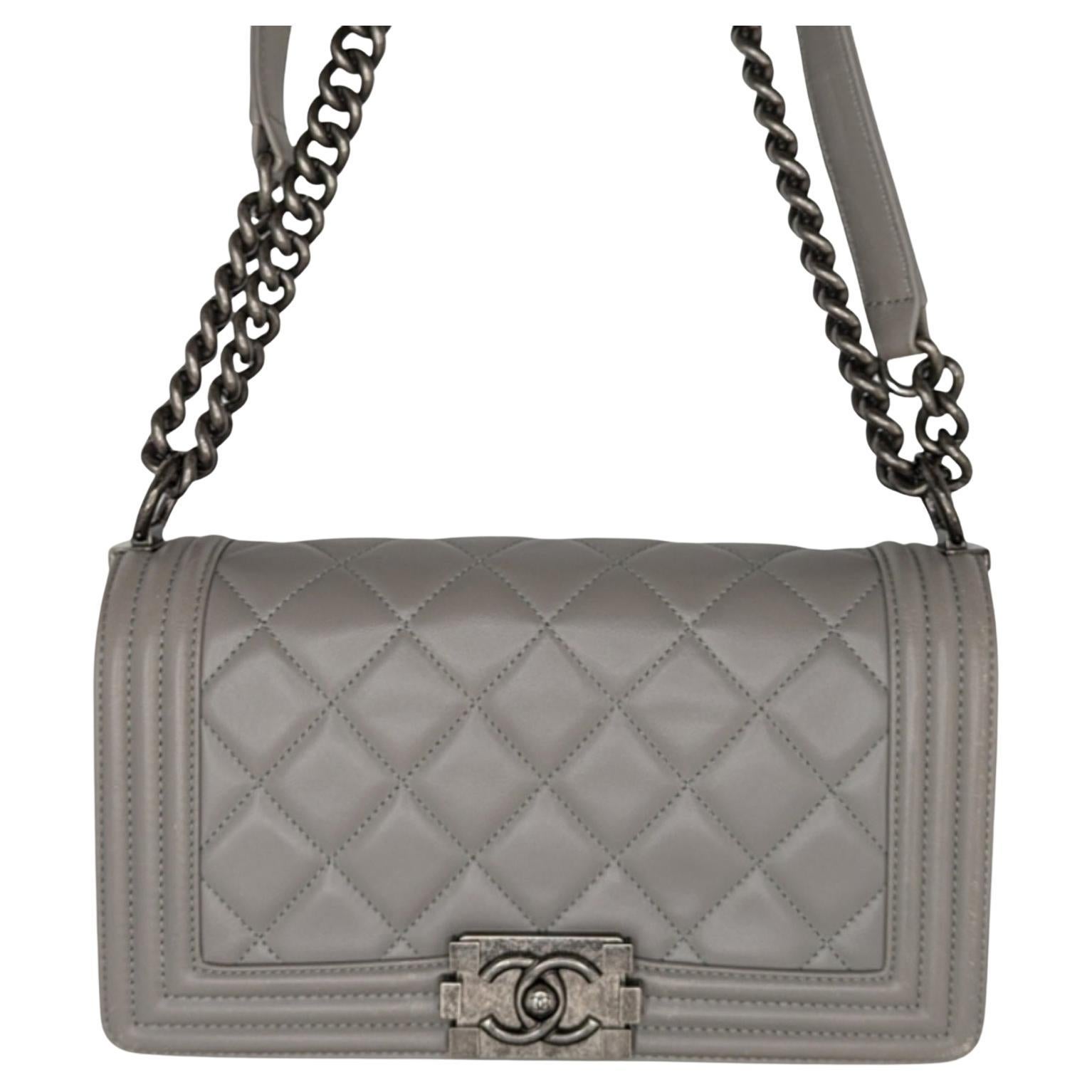 Chanel 2014 Gray Quilted Calfskin Medium Boy Chanel Handbag