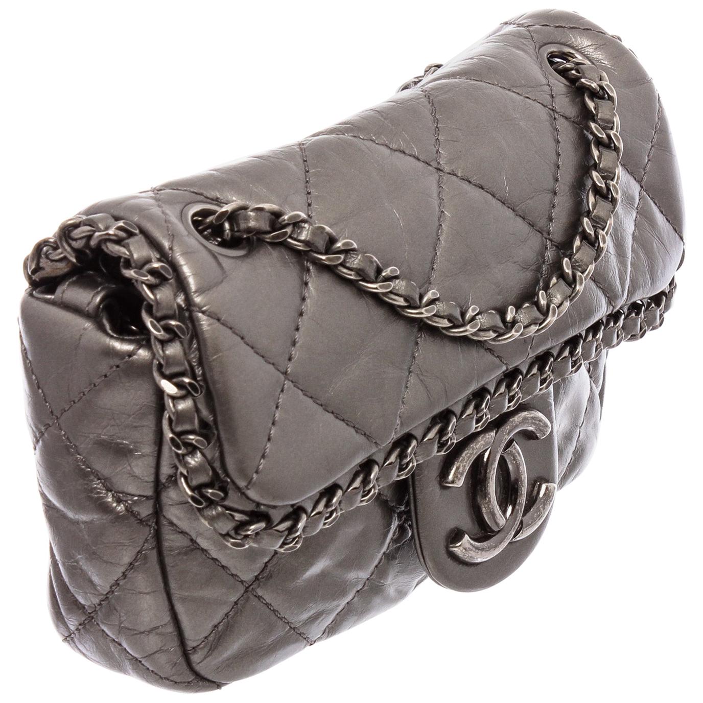 Grey Quilted Leather Chain Around Flap Bag