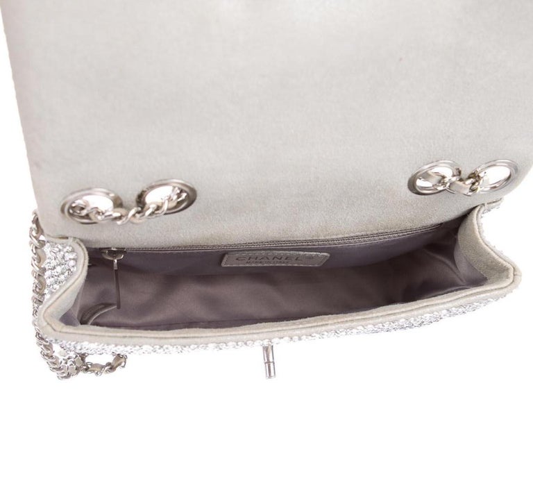 Women's Chanel Gray Silver Gunmetal Suede Crystal Small Evening Shoulder Flap Bag in Box