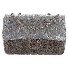 Chanel Gray Silver Gunmetal Suede Crystal Small Evening Shoulder Flap Bag in Box