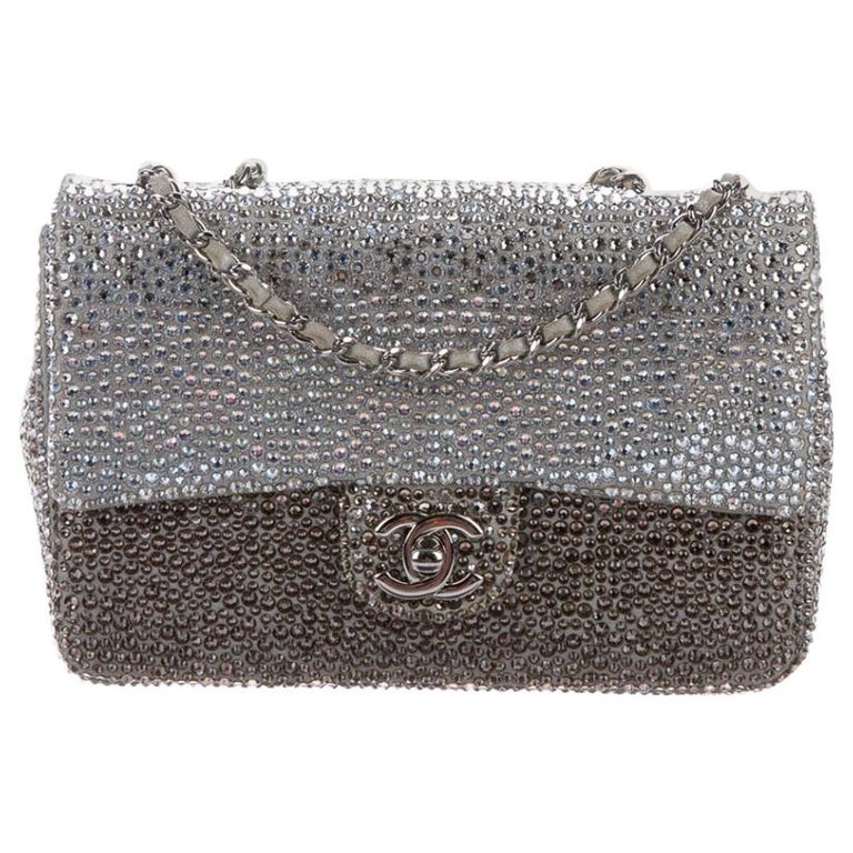 Chanel Gray Silver Gunmetal Suede Crystal Small Evening Shoulder Flap Bag in Box