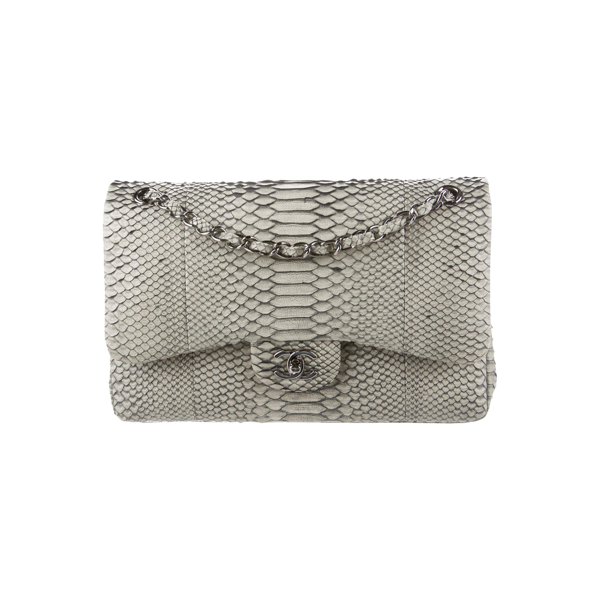Chanel Gray Snakeskin Exotic Skin Leather Silver Evening Shoulder Flap Bag 