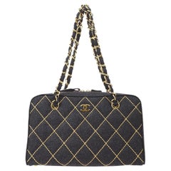 CHANEL Gray Stitch Wool Gold Hardware Top Handle Carryall Shopper Tote Bag