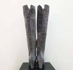 CHANEL Gray Suede Cap Toe CC Thigh High Over The Knee Tall Boots