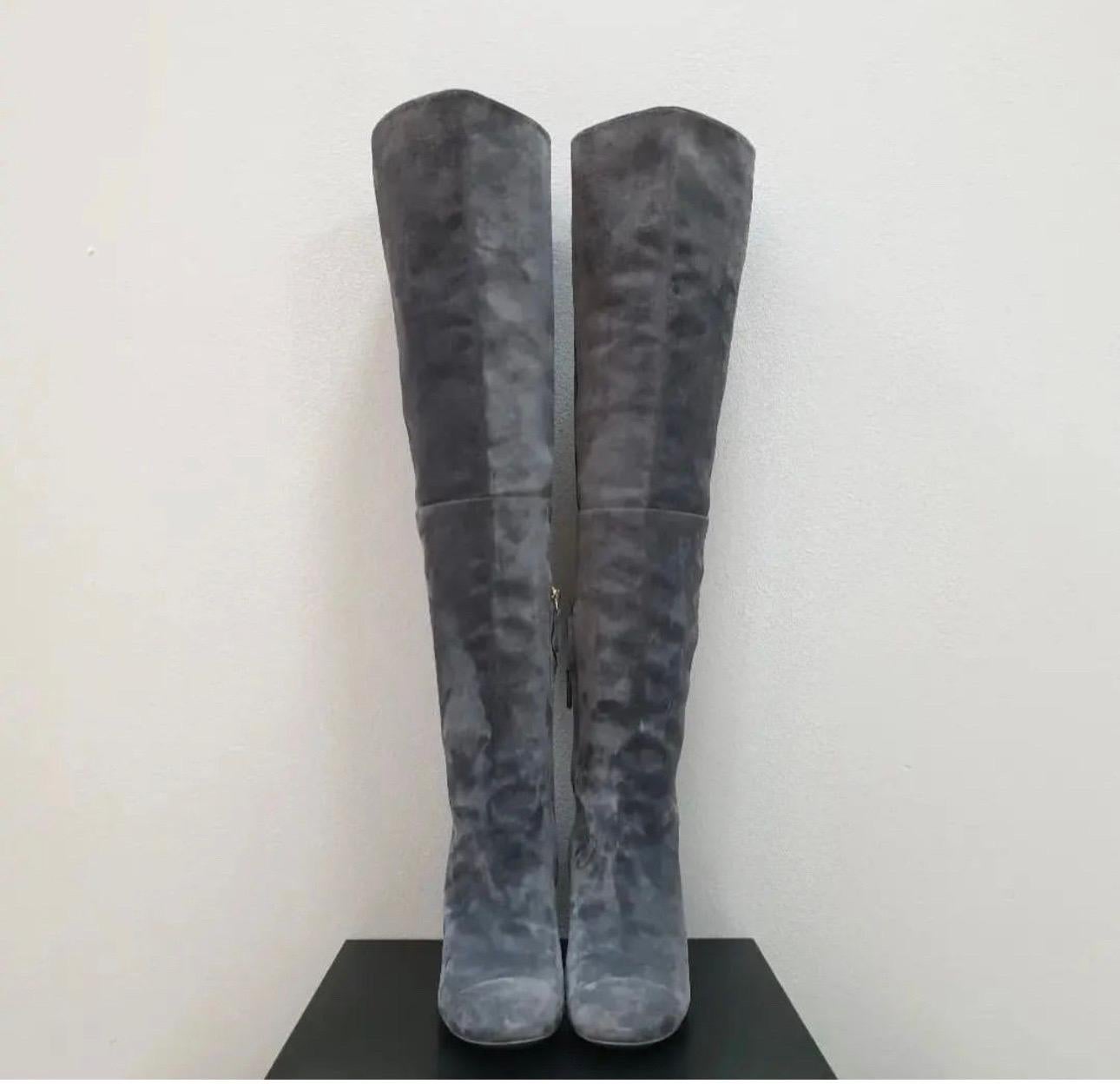CHANEL Gray Suede Cap Toe CC Thigh High Over The Knee Tall Boots In Good Condition For Sale In Krakow, PL