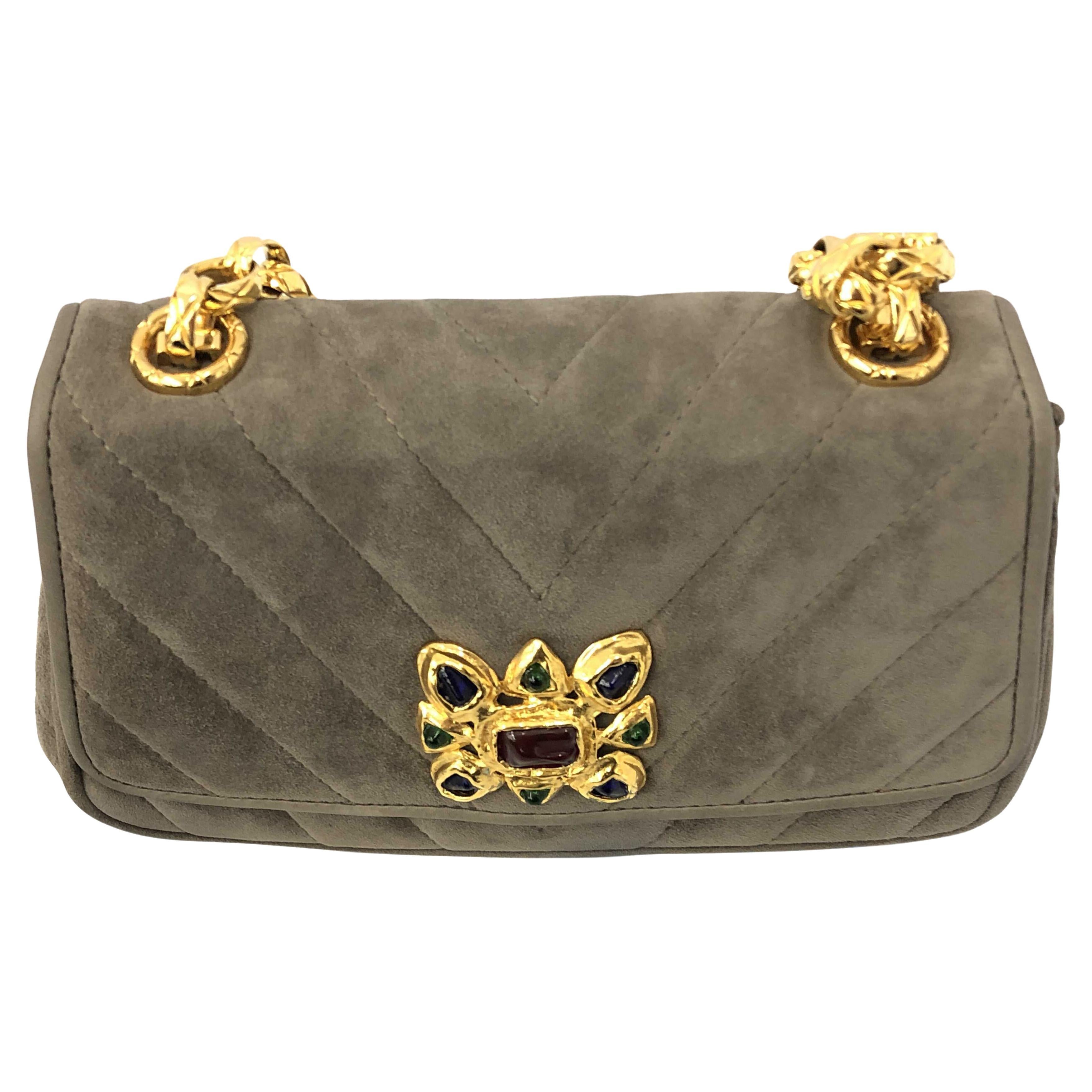 Chanel Gray Suede Double Flap Chevron V Stitch Chain Shoulder Bag