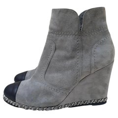 CHANEL Gray Suede Wedge Ankle Boots