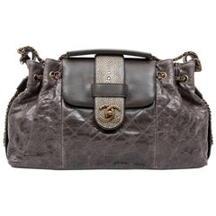 Chanel Gray Varnished Quilted Aged Leather and Galuchat Flap Bag