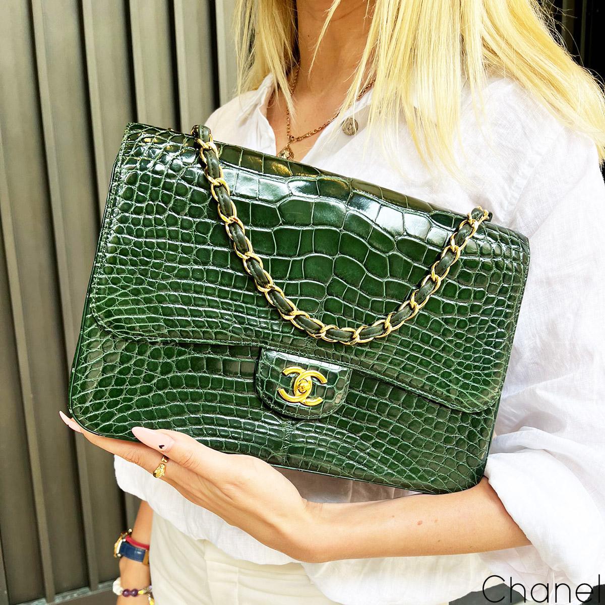 Chanel Green Alligator Jumbo Classic Flap Bag For Sale 2