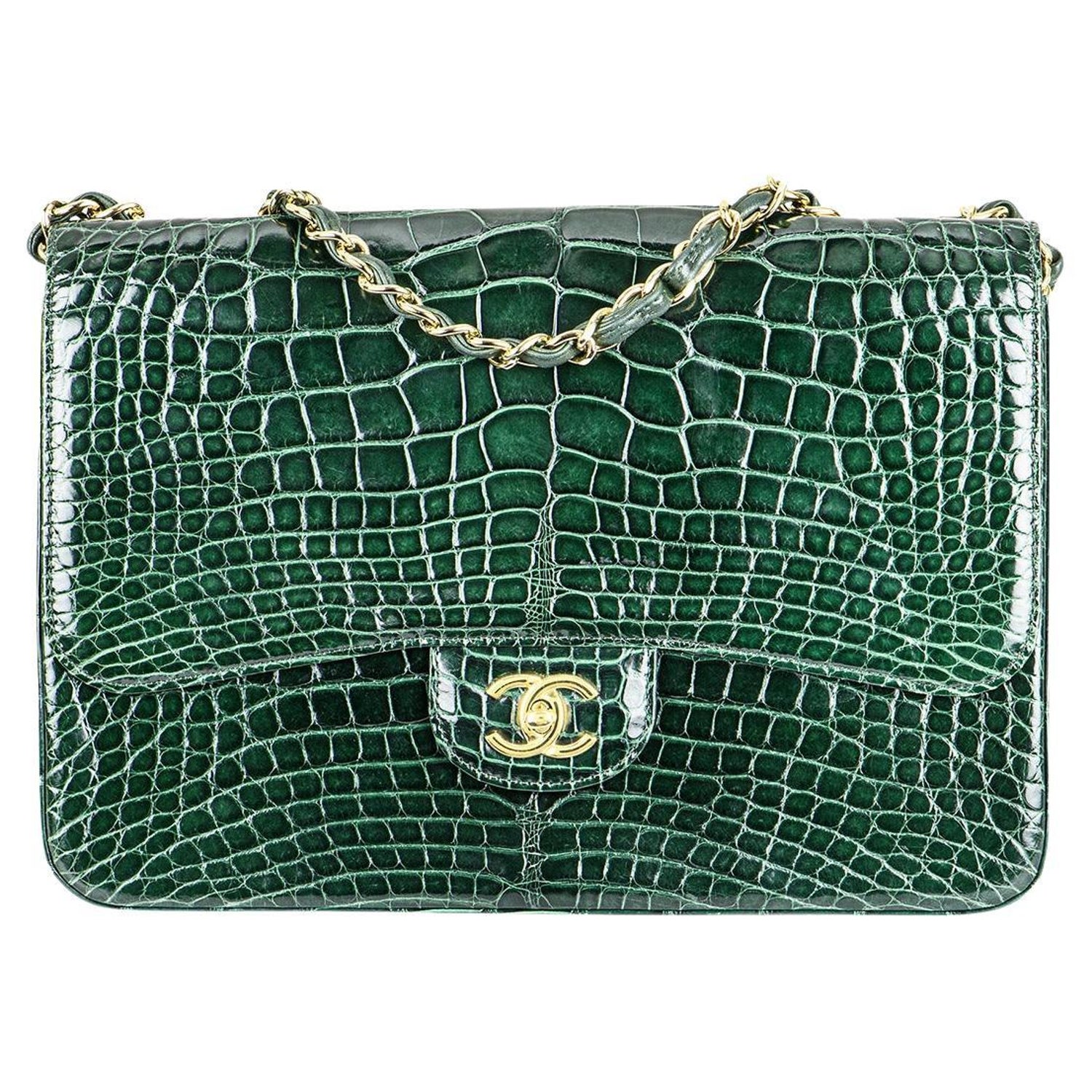 Chanel Alligator Skin Classic Flap 25cm Bag Silver Hardware Spring