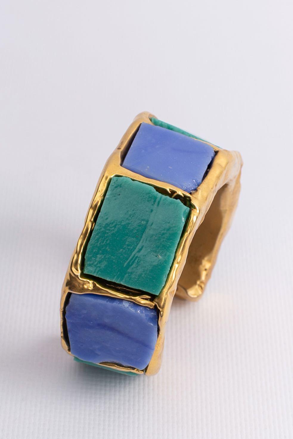 Chanel Green and Blue Gilded Metal Bracelet For Sale 3