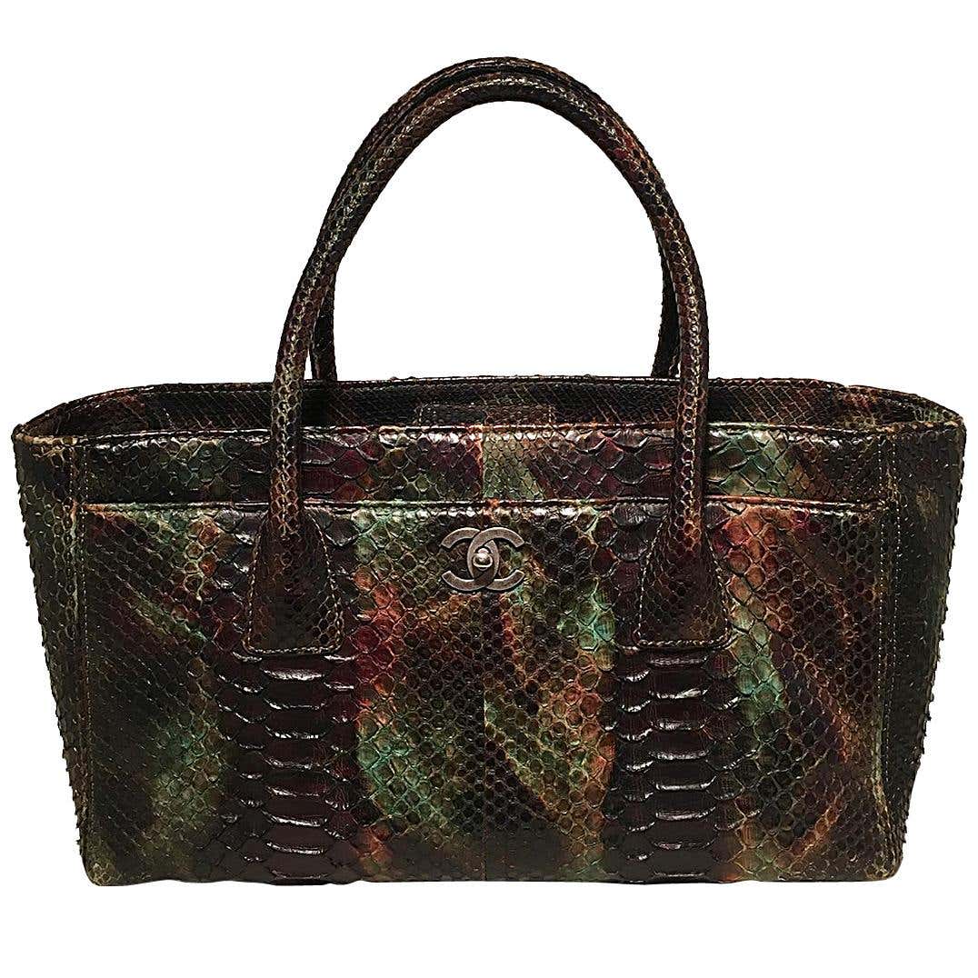 Chanel Green and Brown Multicolor Python Snakeskin Cerf Tote Handbag at ...