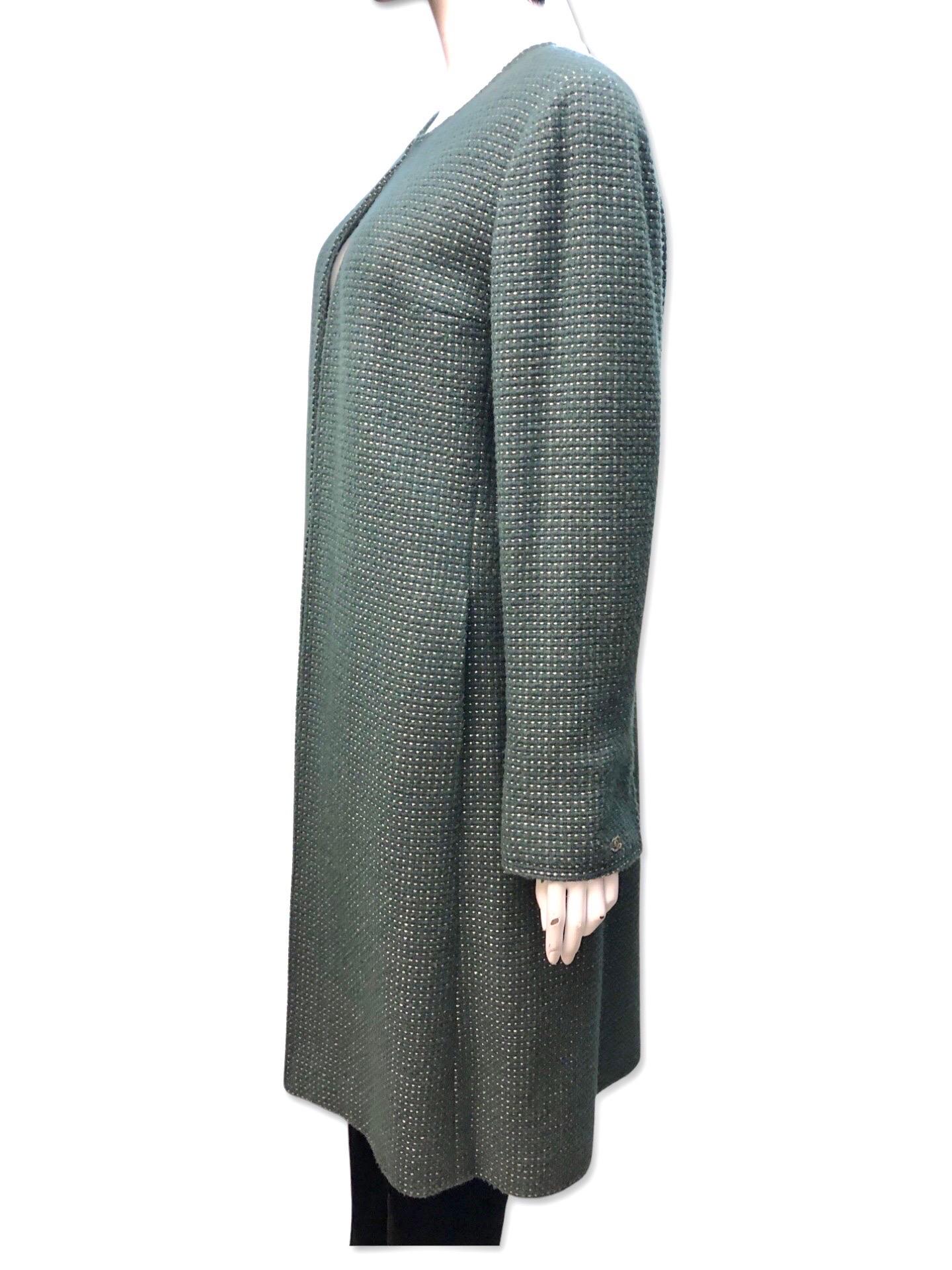 Women's or Men's Chanel Green and Gold Tweed Wool Coat  For Sale