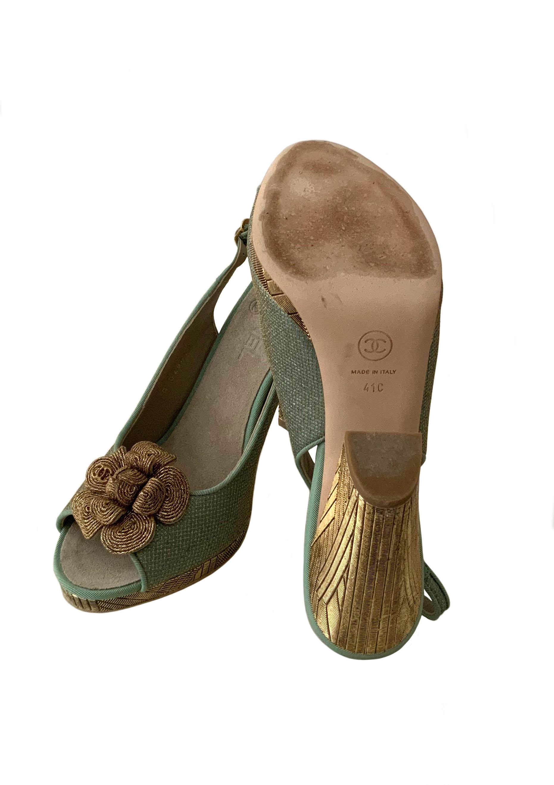 Women's Chanel Green and Goldtone Camellia Slingback Peep-Toe Pumps 