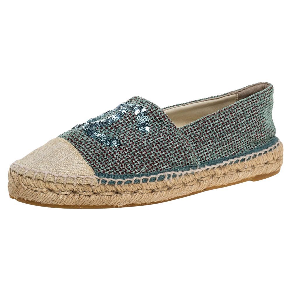 Chanel Green/Beige Canvas Sequin CC Espadrille Flats Size 39