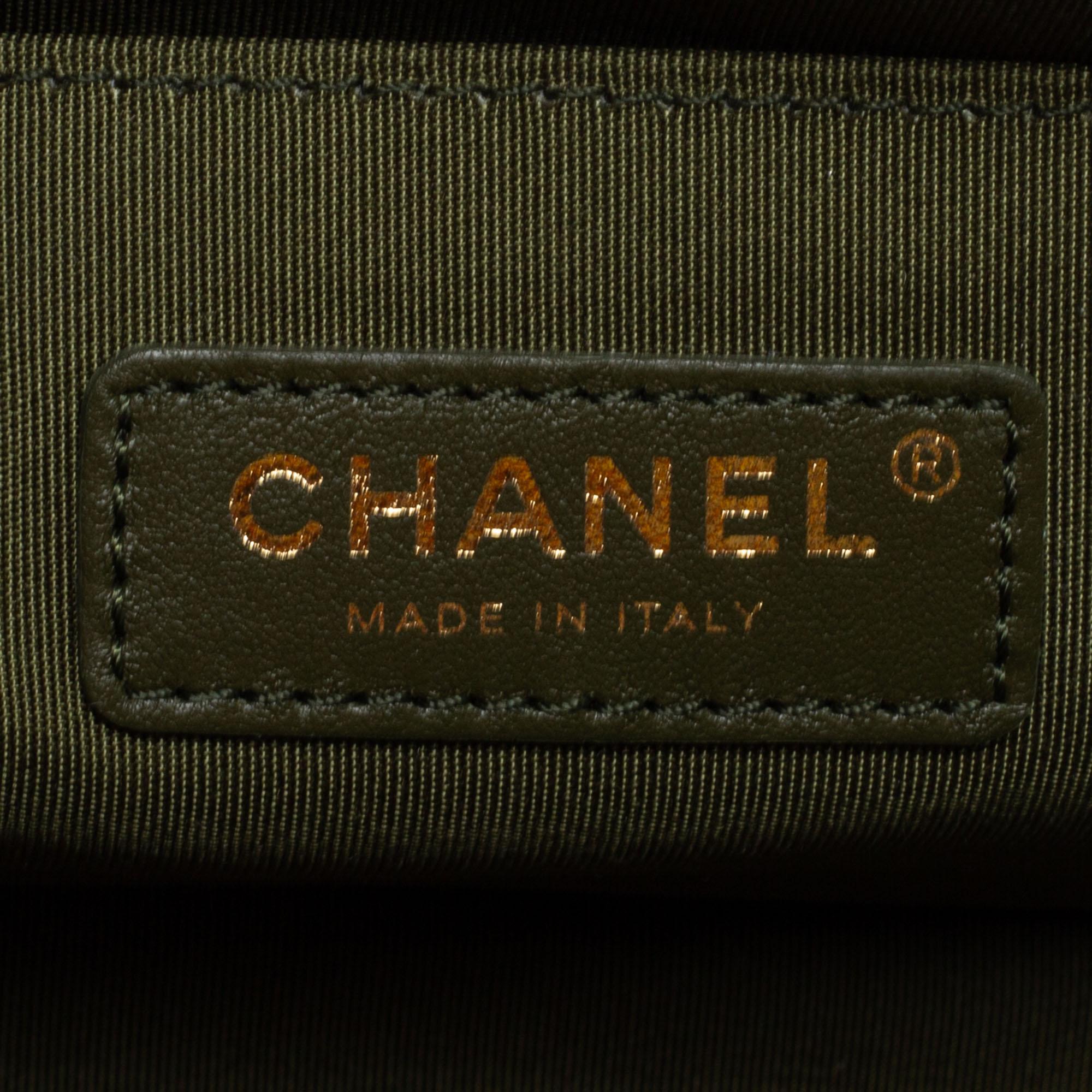 Chanel Green/Beige Quilted Caviar Leather Medium Boy Flap Bag 6