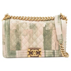 Chanel Green/Beige Quilted Caviar Leather Medium Boy Flap Bag