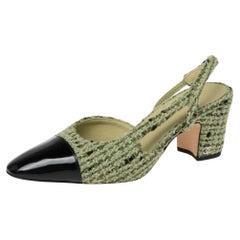 Chanel Green/Black Tweed And Patent CC Cap Toe Slingback Sandals Size 38