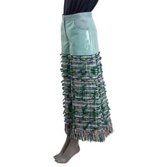 CHANEL green & blue 2018 FRINGED PATENT & TWEED WIDE LEG Pants 36 XS