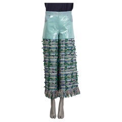 CHANEL green & blue 2018 FRINGED PATENT & TWEED WIDE LEG Pants 36 XS