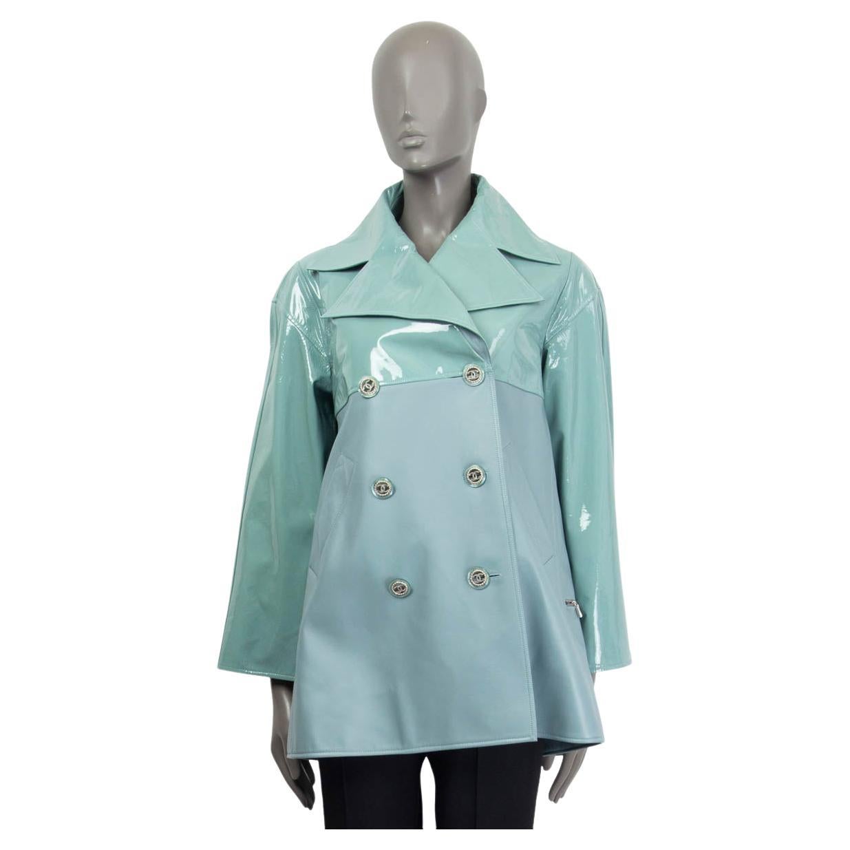 CHANEL green & blue 2018 PATENT & LEATHER OVERSIZED PEACOAT Coat Jacket 36 XS For Sale