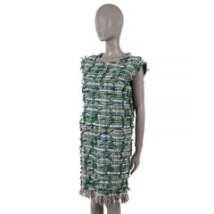 CHANEL green & blue cotton 2018 18S FRINGE TWEED Dress 44 XL