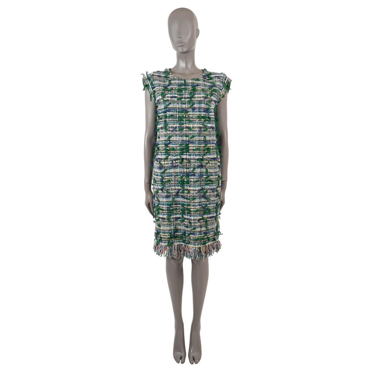 CHANEL green & blue cotton 2018 18S FRINGE TWEED Dress 44 XL For Sale 1
