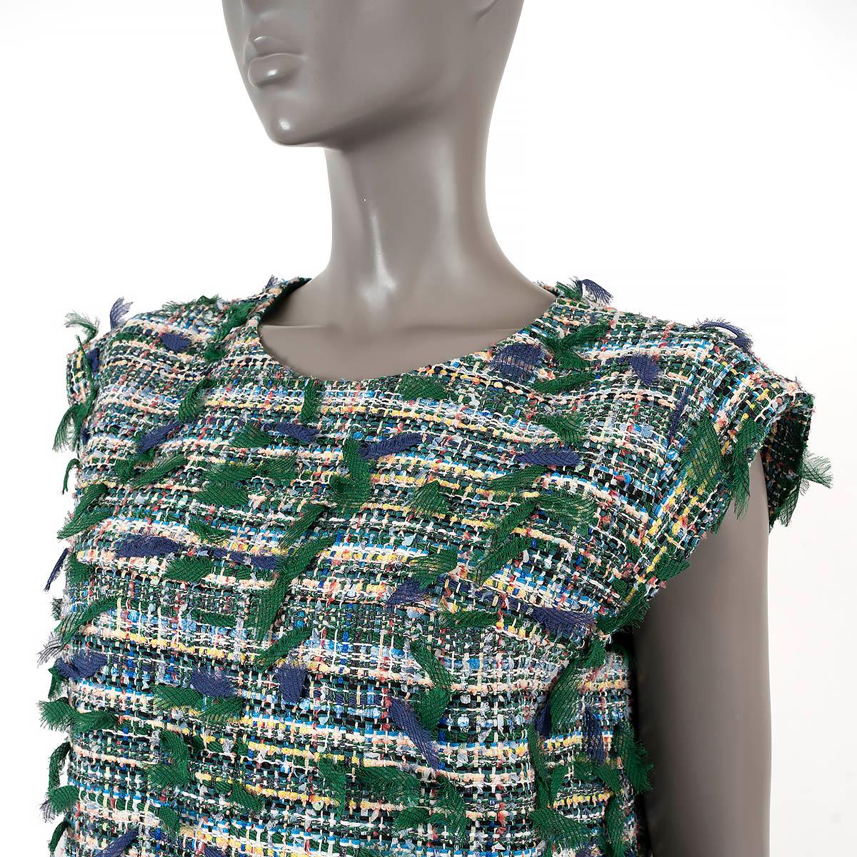 CHANEL green & blue cotton 2018 18S FRINGE TWEED Dress 44 XL For Sale 2