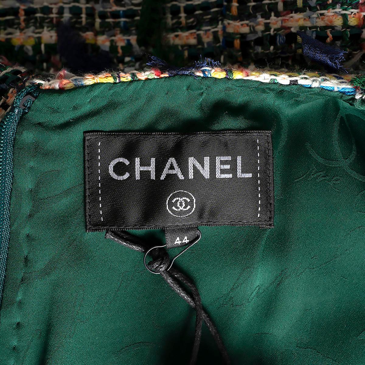 CHANEL green & blue cotton 2018 18S FRINGE TWEED Dress 44 XL For Sale 4