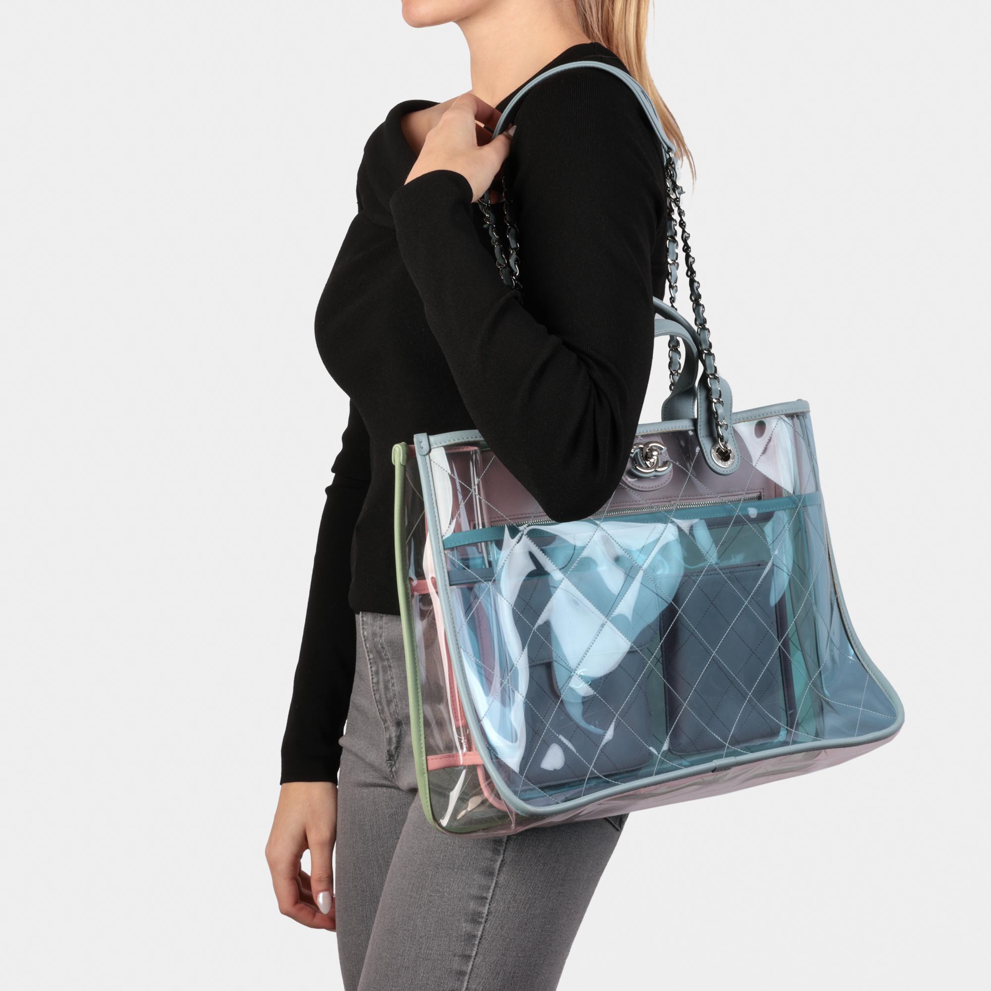 Chanel Green, Blue, Pink Lambskin & PVC Coco Splash Large Shopping Tote 9