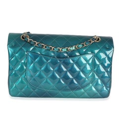 Chanel Green Blue Shaded Quilted Patent Medium Classic Double Flap Bag