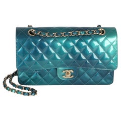 Chanel Green Blue Shaded Quilted Patent Medium Classic Double Flap Bag