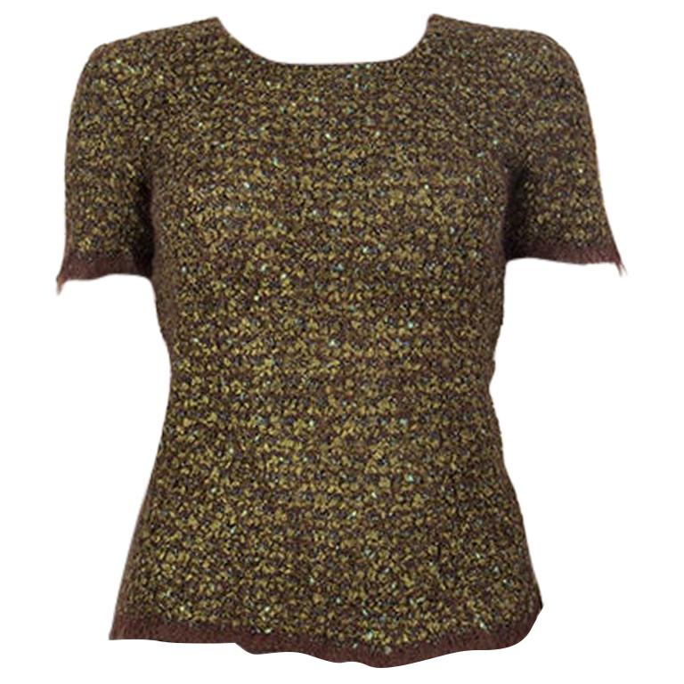 CHANEL green & brown mohair Short Sleeve Crewneck Sweater 40 M