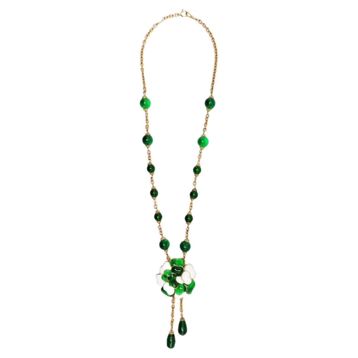 Chanel Green Camelia Dangle Necklace  For Sale