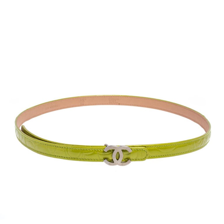 Chanel Green Camellia Embossed Patent Leather CC Buckle Slim Belt