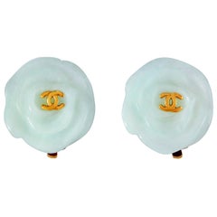 Chanel Green Camellia Flower Earrings