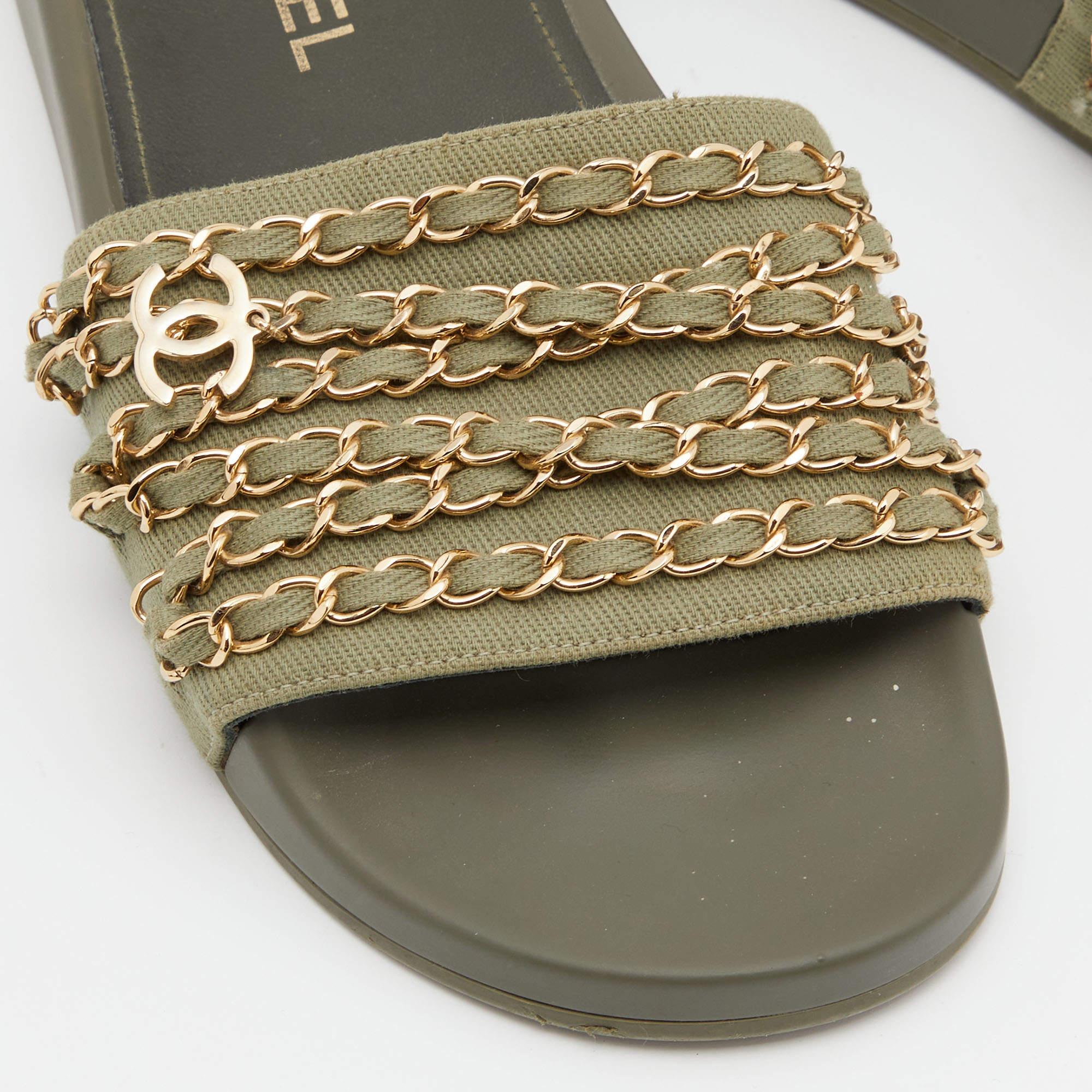 Women's Chanel Green Canvas Tropiconic Chain Slides Flats Size 39