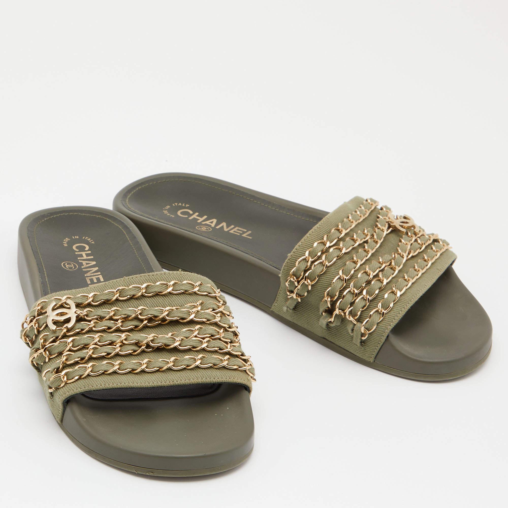 Chanel Green Canvas Tropiconic Chain Slides Flats Size 39 1