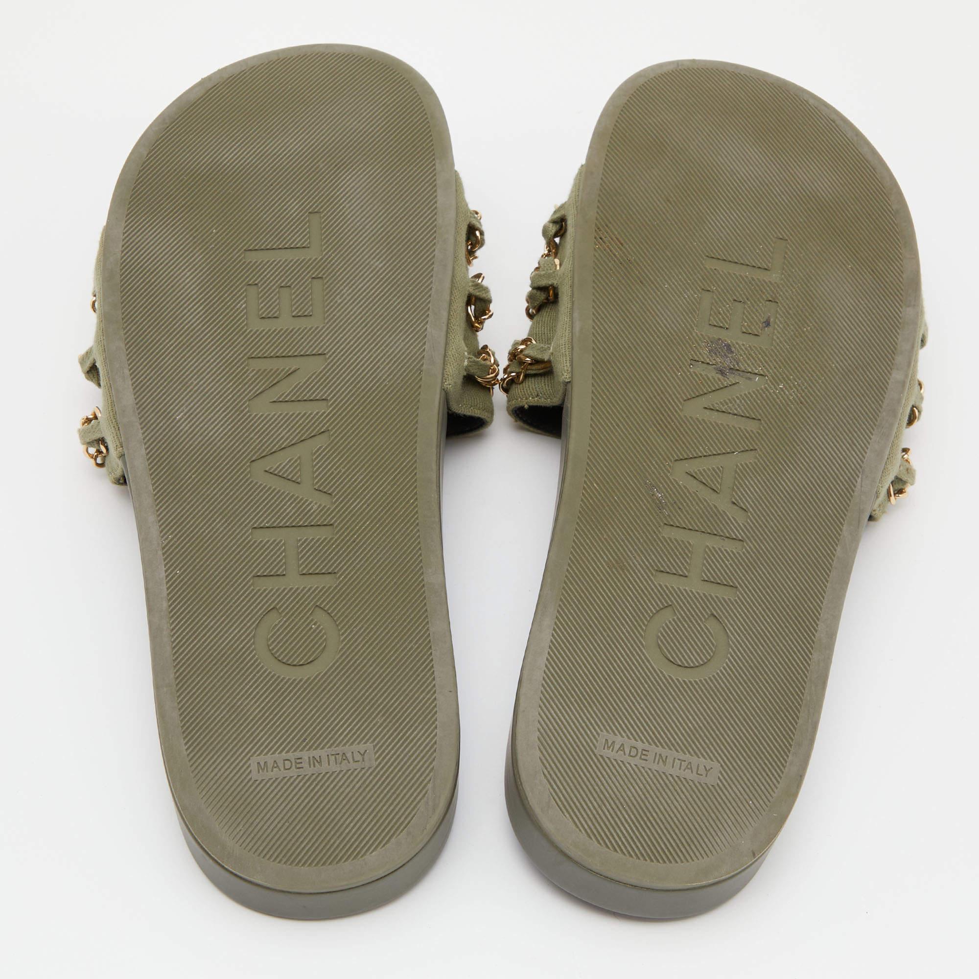 Chanel Green Canvas Tropiconic Chain Slides Flats Size 39 2