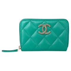 Chanel Green Caviar Leather Quilted Zip Coin Purse/ Card Holder Wallet