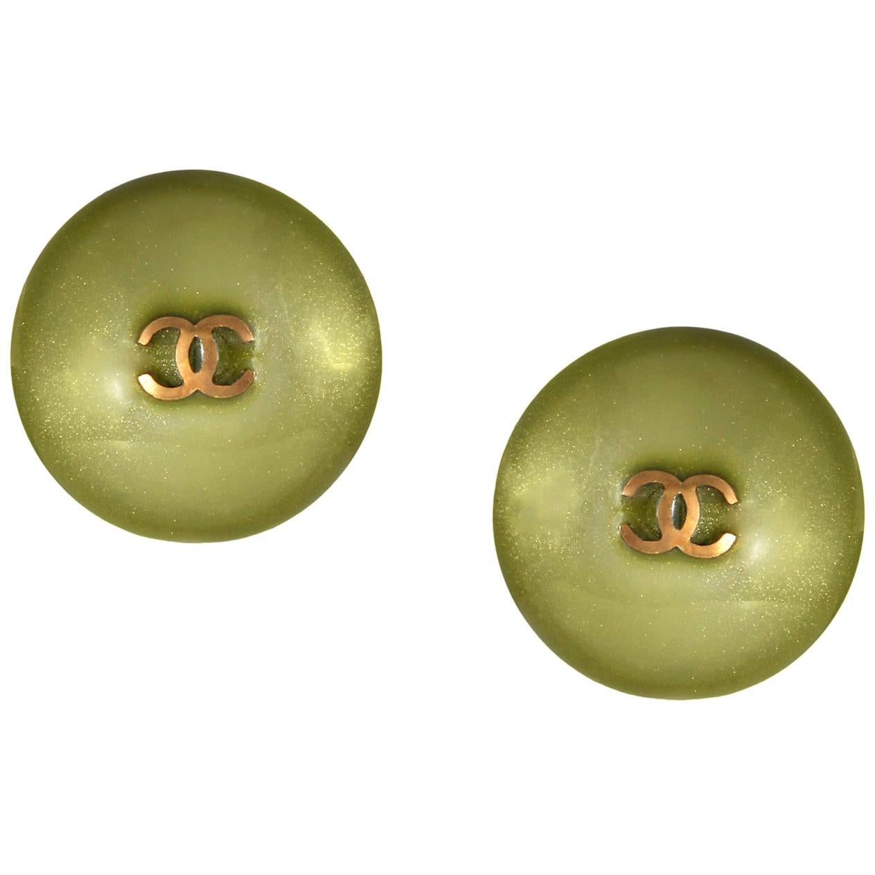 Chanel Green CC Button Earrings