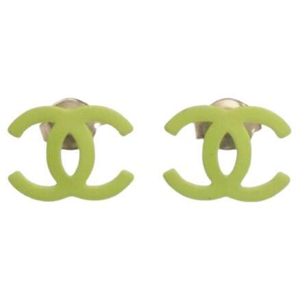 Chanel Green CC Logo Metal Stud Earrings For Sale at 1stDibs
